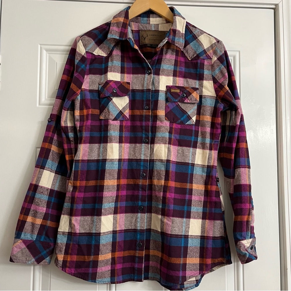 Legendary Stockyards Purple Plaid Flannel Button Up Women’s Size Medium